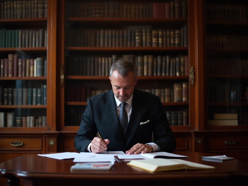 Specialist defamation solicitor reviewing legal documents at a traditional London law office